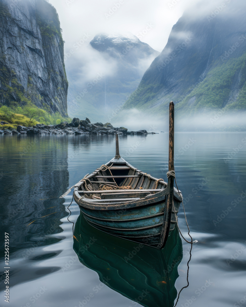 Altes Holzschiff, Wikingerboot in einem Fjord, umgeben von Bergen, Generative AI