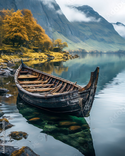 Obraz na płótnie Altes Holzschiff, Wikingerboot in einem Fjord, umgeben von Bergen, Generative AI w salonie
