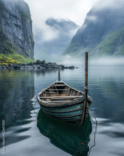 Obraz na płótnie Altes Holzschiff, Wikingerboot in einem Fjord, umgeben von Bergen, Generative AI w salonie