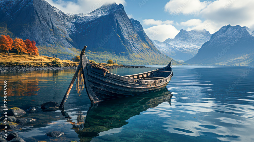 Altes Holzschiff, Wikingerboot in einem Fjord, umgeben von Bergen, Generative AI