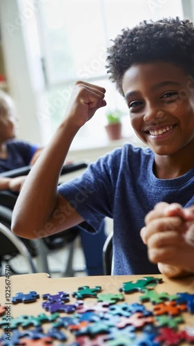 Smiling child celebrating while solving a puzzle in a classroom for youth with disabilities