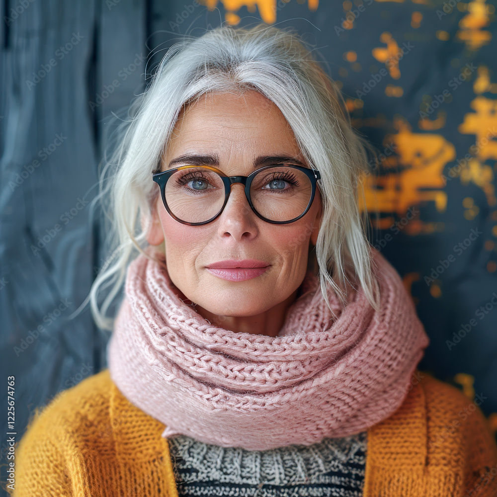 Hübsche erfolgreiche grauhaarige Frau in den 50ern mit Schal und Brille, Generative AI