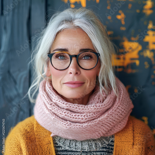 Obraz na płótnie Hübsche erfolgreiche grauhaarige Frau in den 50ern mit Schal und Brille, Generative AI w salonie
