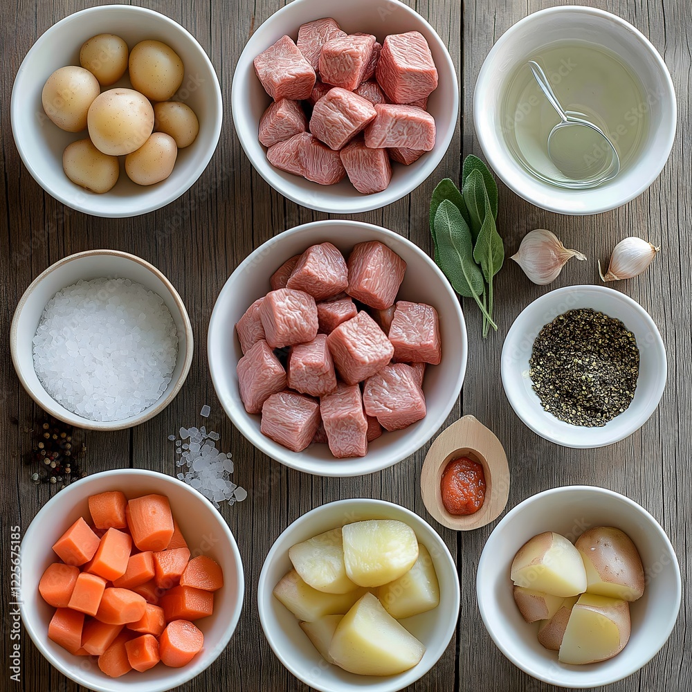 Beef Stew Ingredients: An overhead shot showcasing the essential ingredients for a hearty beef stew, laid out in bowls on a rustic wooden table. The scene includes fresh beef cubes, potatoes, carrots. Beef Stew Ingredients: An overhead shot showcasing the essential ingredients for a hearty beef stew, laid out in bowls on a rustic wooden table. The scene includes fresh beef cubes, potatoes, carrots.