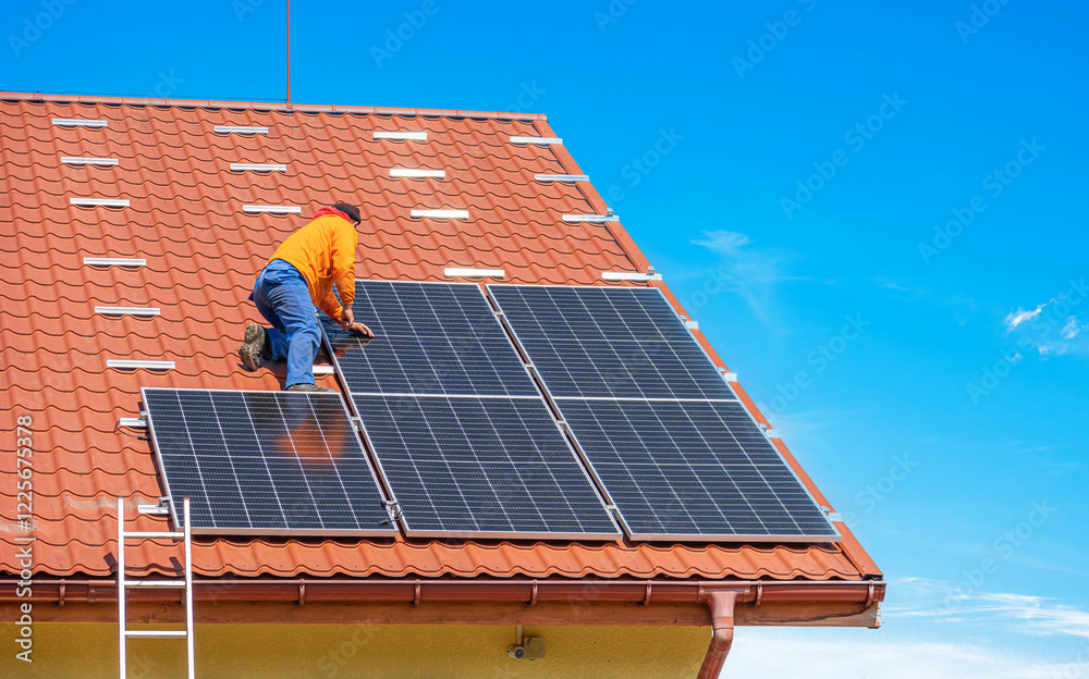 A worker is installing solar panels on the roof of a house covered with red tiles. The clear blue sky highlights the clean energy effort and rooftop solar panel technology.