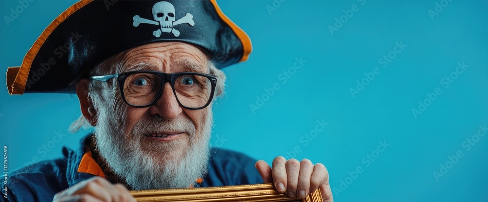 Fototapeta premium Elderly pirate holding frame, blue backdrop. Fun, costume