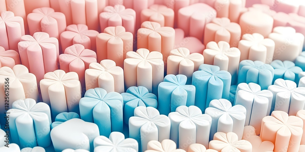 Obraz premium Pastel Flower Marshmallows: A delightful close-up shot of pastel-colored marshmallows shaped like flowers, arranged in a repeating pattern creating a visually appealing and sweet texture.&nbsp;