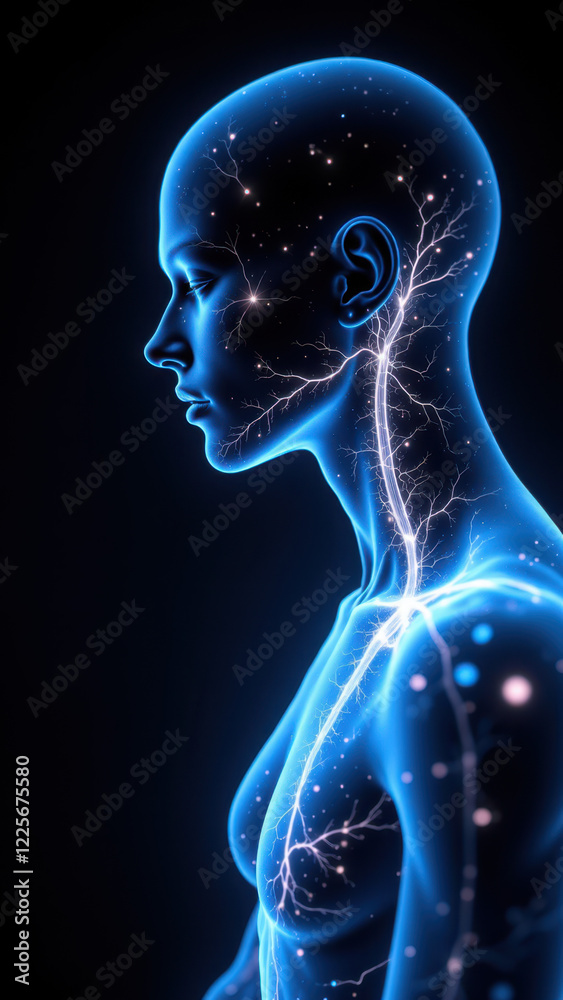 Vagus Nerve Stimulation Illustration with Human Brain and Lightning Effects Vagus Nerve Stimulation Illustration with Human Brain and Lightning Effects