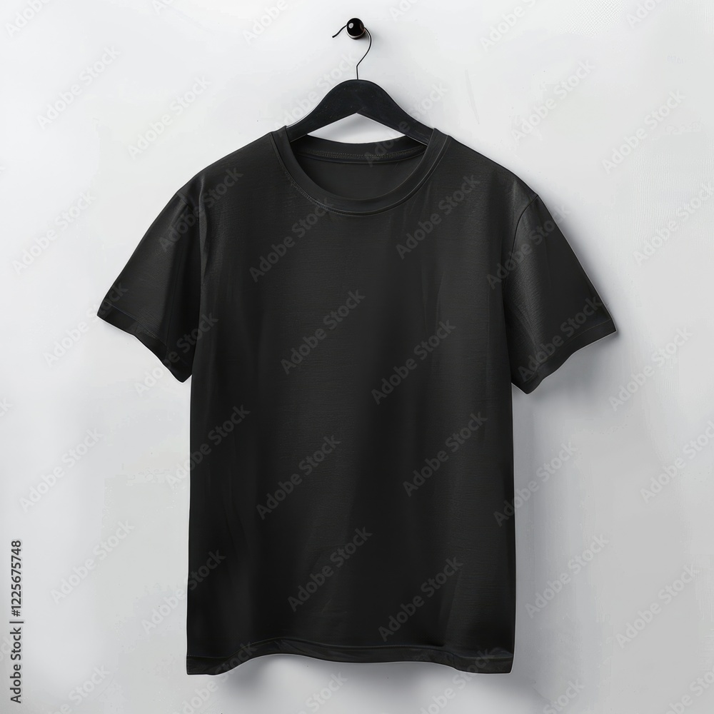Clean and Simple Black Round-Neck T-Shirt with Short Sleeves Made of Pure Cotton Hanging on White Wall Clean and Simple Black Round-Neck T-Shirt with Short Sleeves Made of Pure Cotton Hanging on White Wall