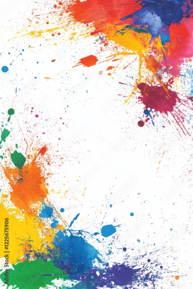 Obraz premium Vibrant rainbow paint splatters on white background. A burst of color!