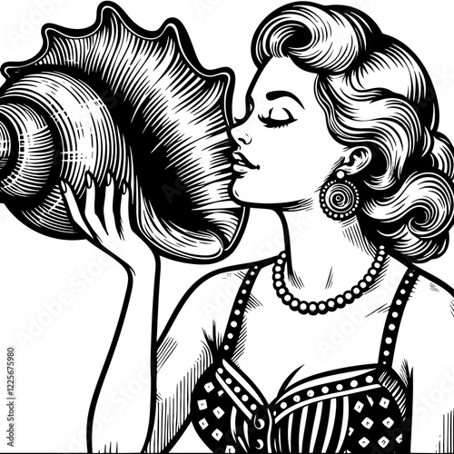 woman with retro hair and jewelry, holding a large seashell to her ear, evoking nostalgia and oceanic symbolism sketch engraving generative ai PNG illustration. Scratch board. Black and white image photo