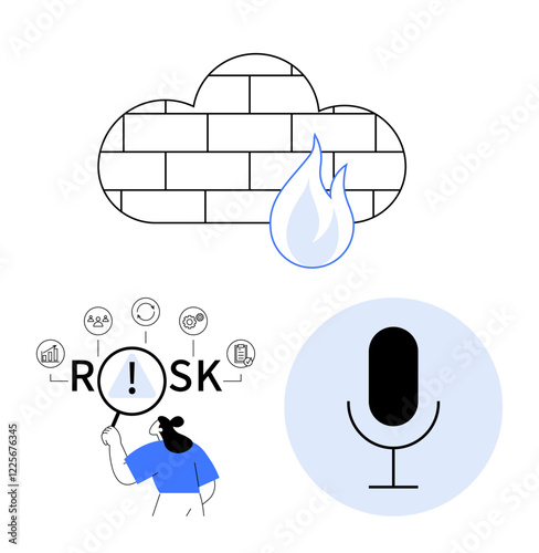 Brick firewall with flame, magnifying glass analyzing Risk, and microphone icon. Ideal for cybersecurity, data protection, risk assessment, digital security, communication security, audit concept