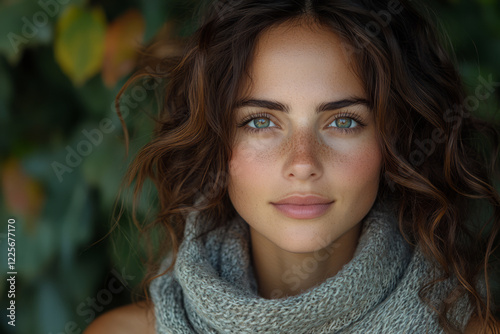A warm and beautiful portrait of a woman with green eyes and a scarf, Generative AI