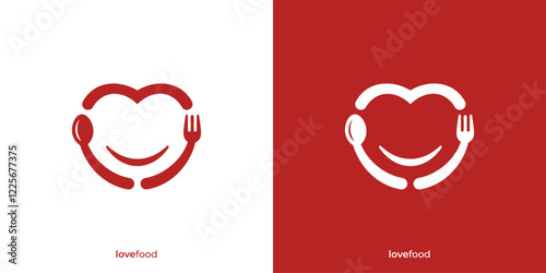 Simple Heart Food Logo. Love Shape and Smile Fork Spoon Graphic Icons. Love Food Logo Design Template.