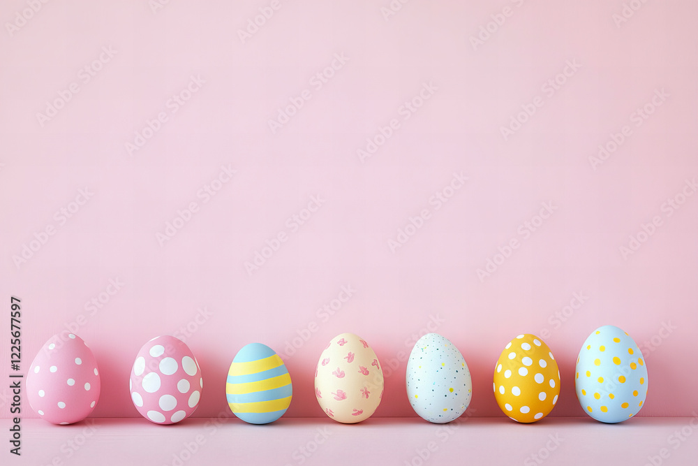 Fototapeta premium Vibrant Pastel Easter Eggs Arrangement on Pink Background for Seasonal Festivities and Creative Holiday Designs