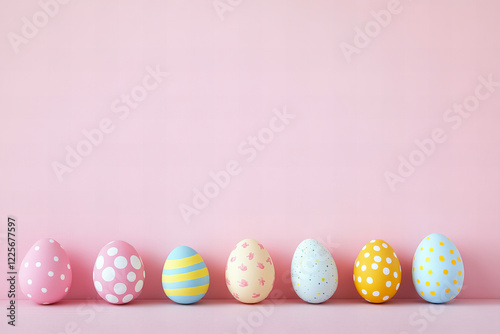 Vibrant Pastel Easter Eggs Arrangement on Pink Background for Seasonal Festivities and Creative Holiday Designs photo