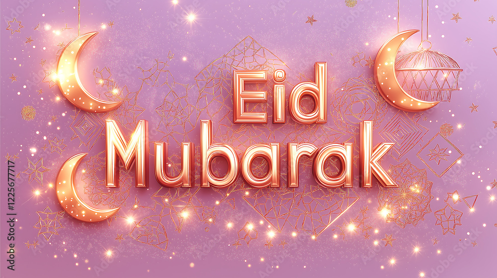 Fototapeta premium Stunning 3D Eid Mubarak text with golden shiny crescents on pink gradient background.