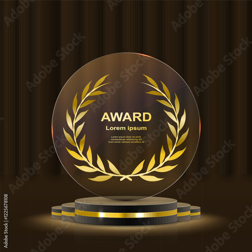 Realistic award. Winning medal. Glass 3D mockup. Acrylic design of first place prize. Silver or golden certificate. Competition trophy. Victory nominations. Vector exact elements set
