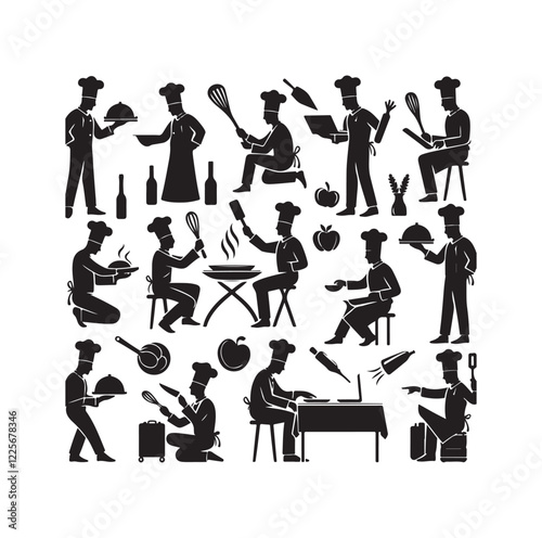 Chef in various actions silhouette vector illustration