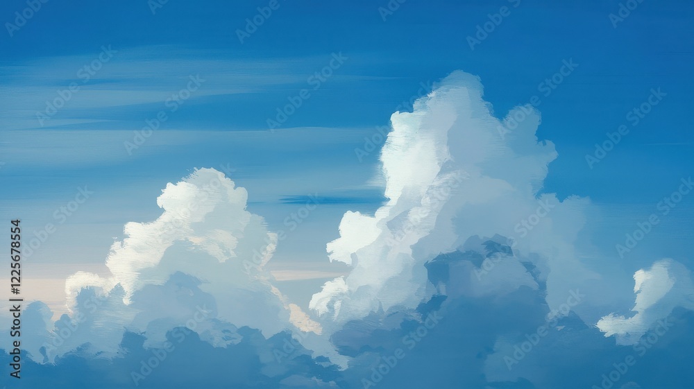 Fototapeta premium A stunning view of fluffy white clouds against a clear blue sky, creating a serene and tranquil atmosphere perfect for daydreaming.