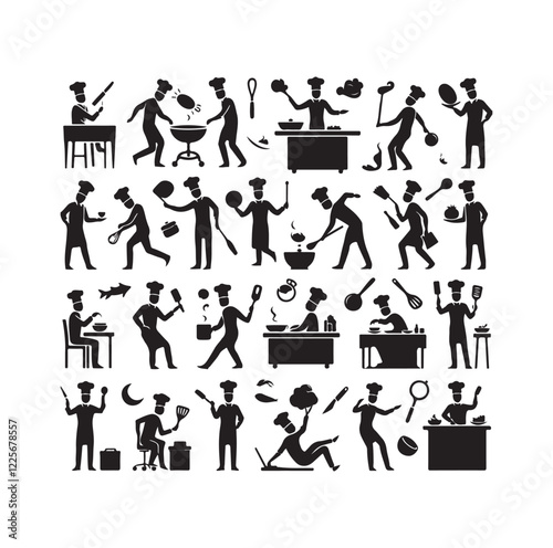 Chef in various actions silhouette vector illustration
