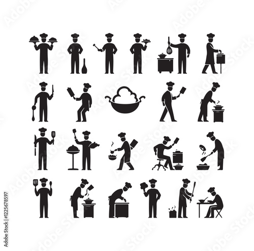 Chef in various actions silhouette vector illustration