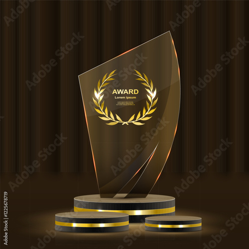 Golden award ceremony stage featuring glowing stars, luxurious laurel wreaths, and elegant gold ribbons. 3D realistic vector illustration showcasing a grand podium with glittering lights, light smoke,