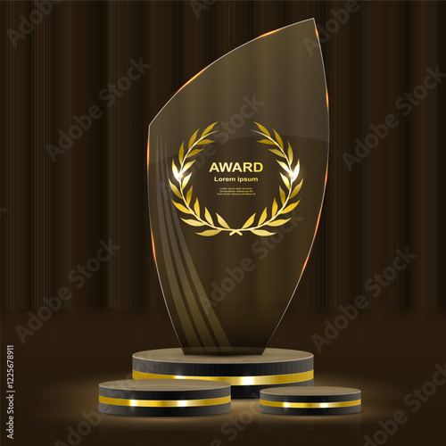 Golden award ceremony stage featuring glowing stars, luxurious laurel wreaths, and elegant gold ribbons. 3D realistic vector illustration showcasing a grand podium with glittering lights, light smoke,
