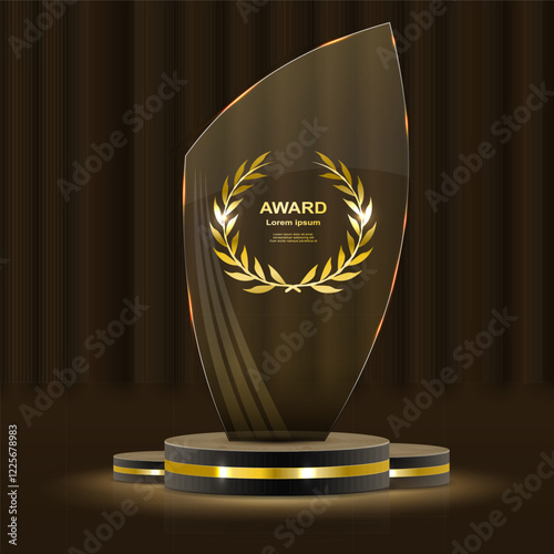 Realistic award. Winning medal. Glass 3D mockup. Acrylic design of first place prize. Silver or golden certificate. Competition trophy. Victory nominations. Vector exact elements set