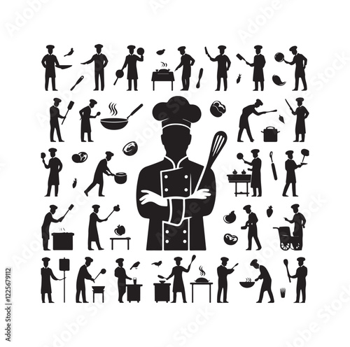 Chef in various actions silhouette vector illustration