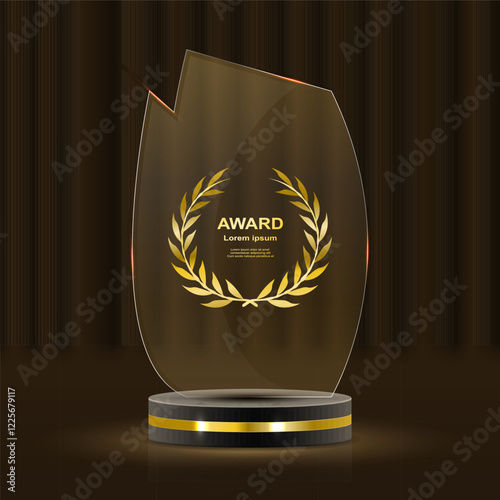 Golden award ceremony stage featuring glowing stars, luxurious laurel wreaths, and elegant gold ribbons. 3D realistic vector illustration showcasing a grand podium with glittering lights, light smoke,