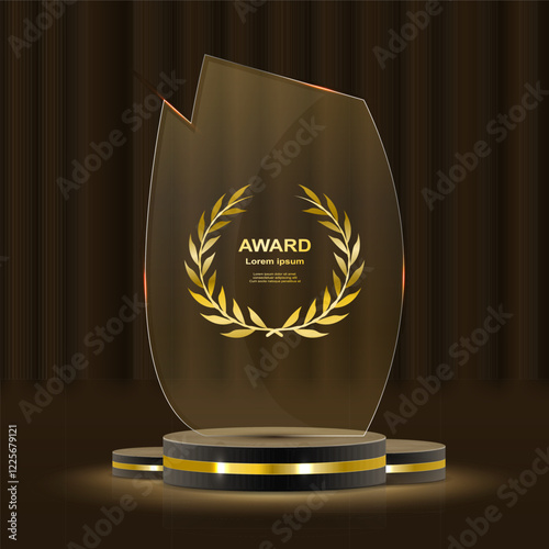 Realistic award. Winning medal. Glass 3D mockup. Acrylic design of first place prize. Silver or golden certificate. Competition trophy. Victory nominations. Vector exact elements set