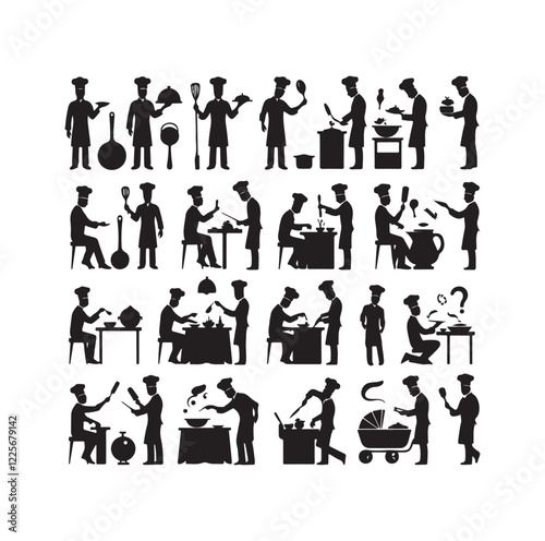 Chef in various actions silhouette vector illustration