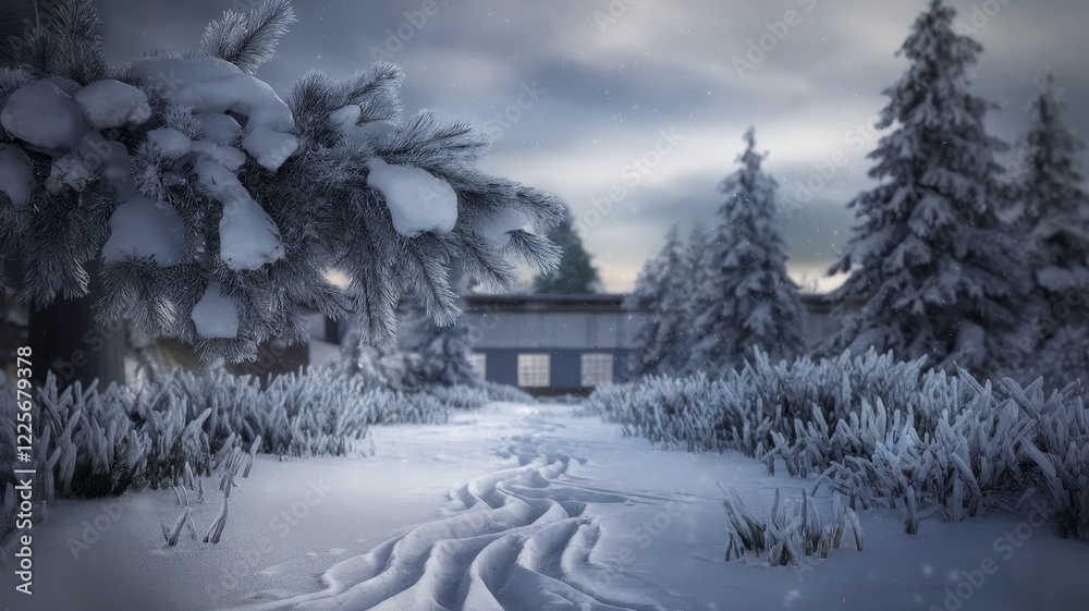 Naklejka premium A serene winter scene featuring a snowy pathway leading to a cozy, rustic cabin, surrounded by tall evergreen trees and a gentle snowfall.