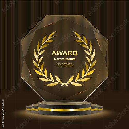 Set of glass award trophy with laurel wreath. Transparent prize template with golden laurel branches. Winner first place concept. Vector illustration.