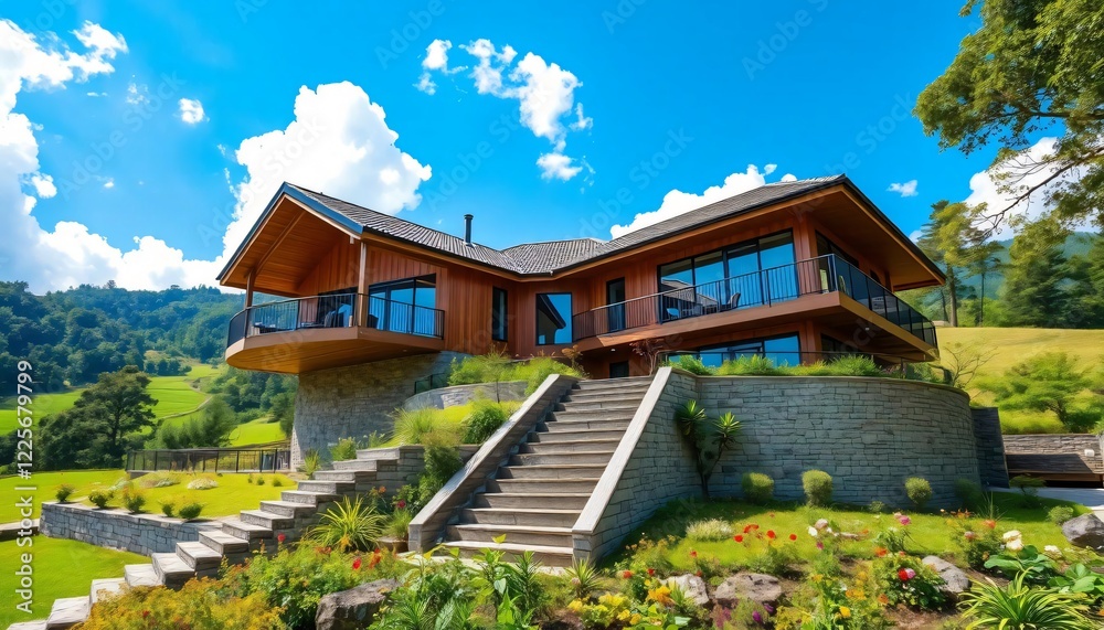 A modern two-story villa in the mountains of southern China, surrounded by green fields and trees A modern two-story villa in the mountains of southern China, surrounded by green fields and trees