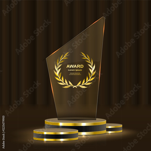 Set of glass award trophy with laurel wreath. Transparent prize template with golden laurel branches. Winner first place concept. Vector illustration.