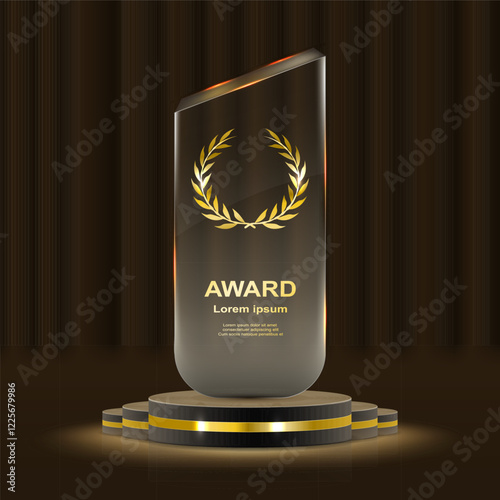 Realistic award. Winning medal. Glass 3D mockup. Acrylic design of first place prize. Silver or golden certificate. Competition trophy. Victory nominations. Vector exact elements set