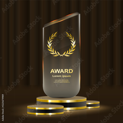 Golden award ceremony stage featuring glowing stars, luxurious laurel wreaths, and elegant gold ribbons. 3D realistic vector illustration showcasing a grand podium with glittering lights, light smoke,