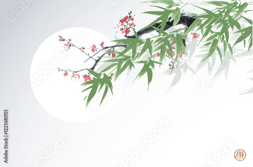 Delicate ink wash painting of bamboo leaves and plum blossom with big sun on background. Traditional Japanese ink wash painting sumi-e. Hieroglyph - joy