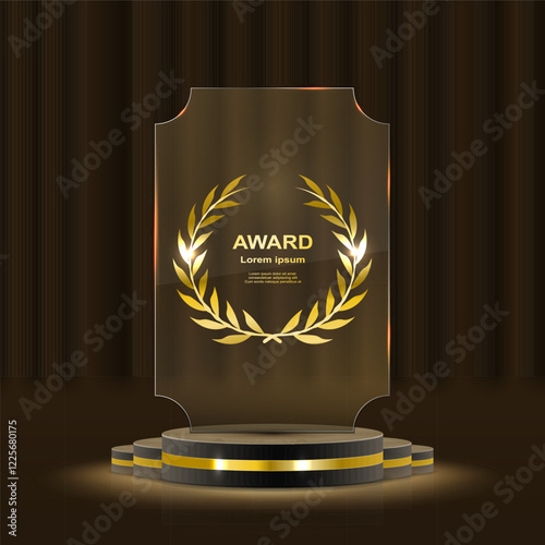 Elegant 3D golden podium with laurels, shining ribbons, and glowing stars for award ceremonies, prize events, and championship recognition. Realistic luxury scene. 