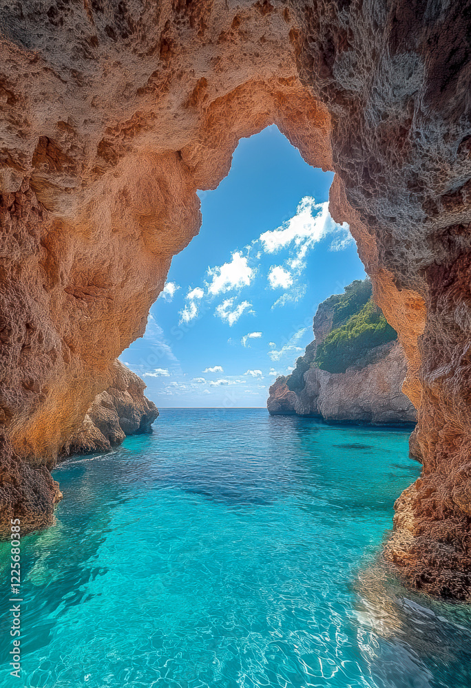 Licht scheint in eine Felsenhöhle an der Küste der Algarve, Portugal, Generative AI