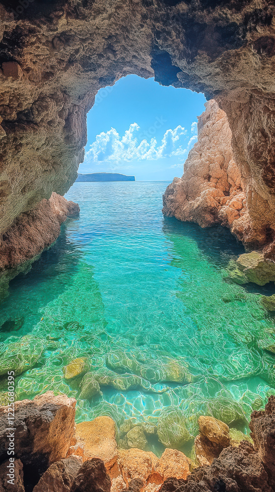 Licht scheint in eine Felsenhöhle an der Küste der Algarve, Portugal, Generative AI