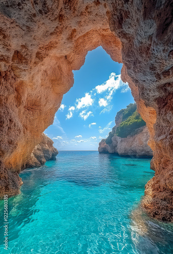 Obraz na płótnie Licht scheint in eine Felsenhöhle an der Küste der Algarve, Portugal, Generative AI w salonie