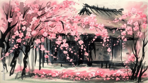 A serene watercolor painting featuring cherry blossom trees in full bloom, surrounding a traditional Japanese house, evoking tranquility and beauty. photo