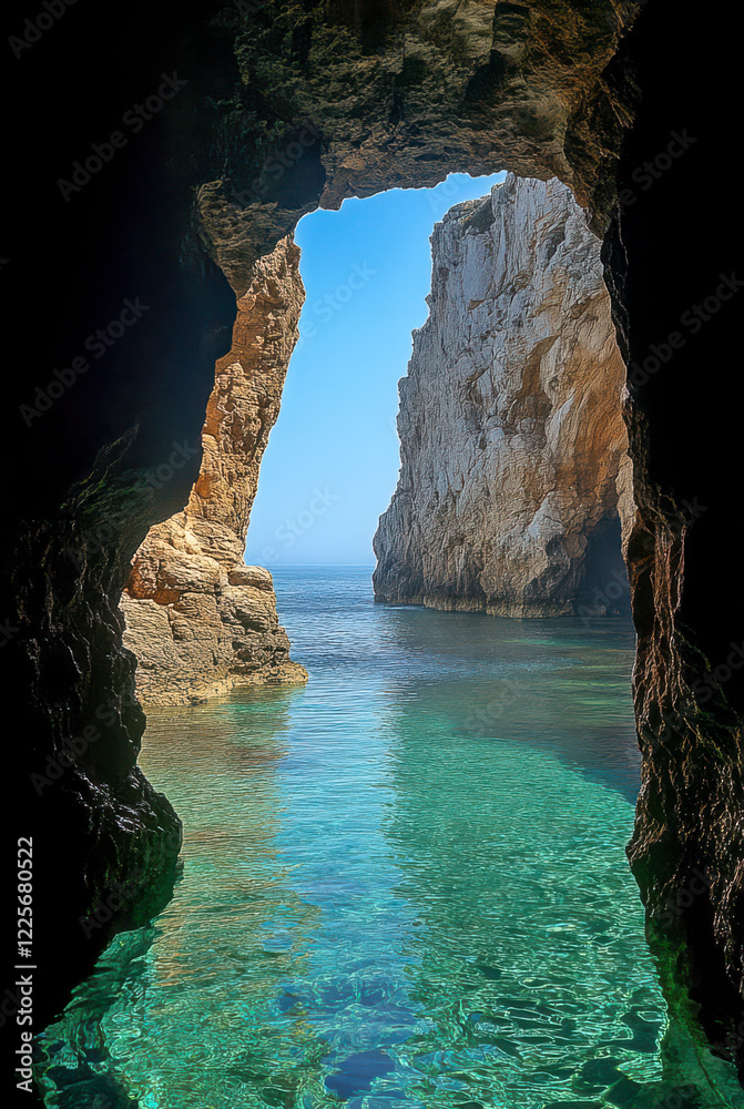 Licht scheint in eine Felsenhöhle an der Küste der Algarve, Portugal, Generative AI