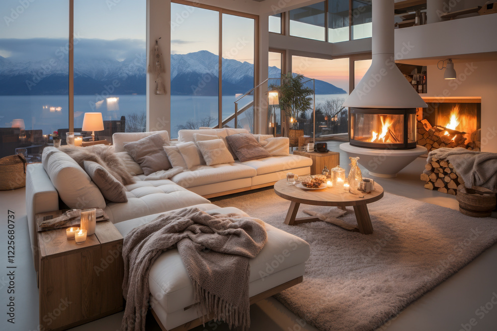 Penthouse in den Bergen mit gemütlicher Einrichtung, Kaminofen und hellen Polstermöbeln, Generative AI