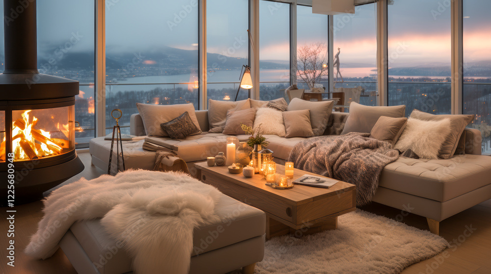 Penthouse in den Bergen mit gemütlicher Einrichtung, Kaminofen und hellen Polstermöbeln, Generative AI