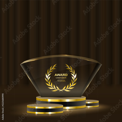 Set of glass award trophy with laurel wreath. Transparent prize template with golden laurel branches. Winner first place concept. Vector illustration.