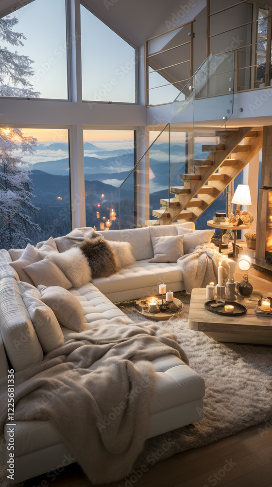Penthouse in den Bergen mit gemütlicher Einrichtung, Kaminofen und hellen Polstermöbeln, Generative AI